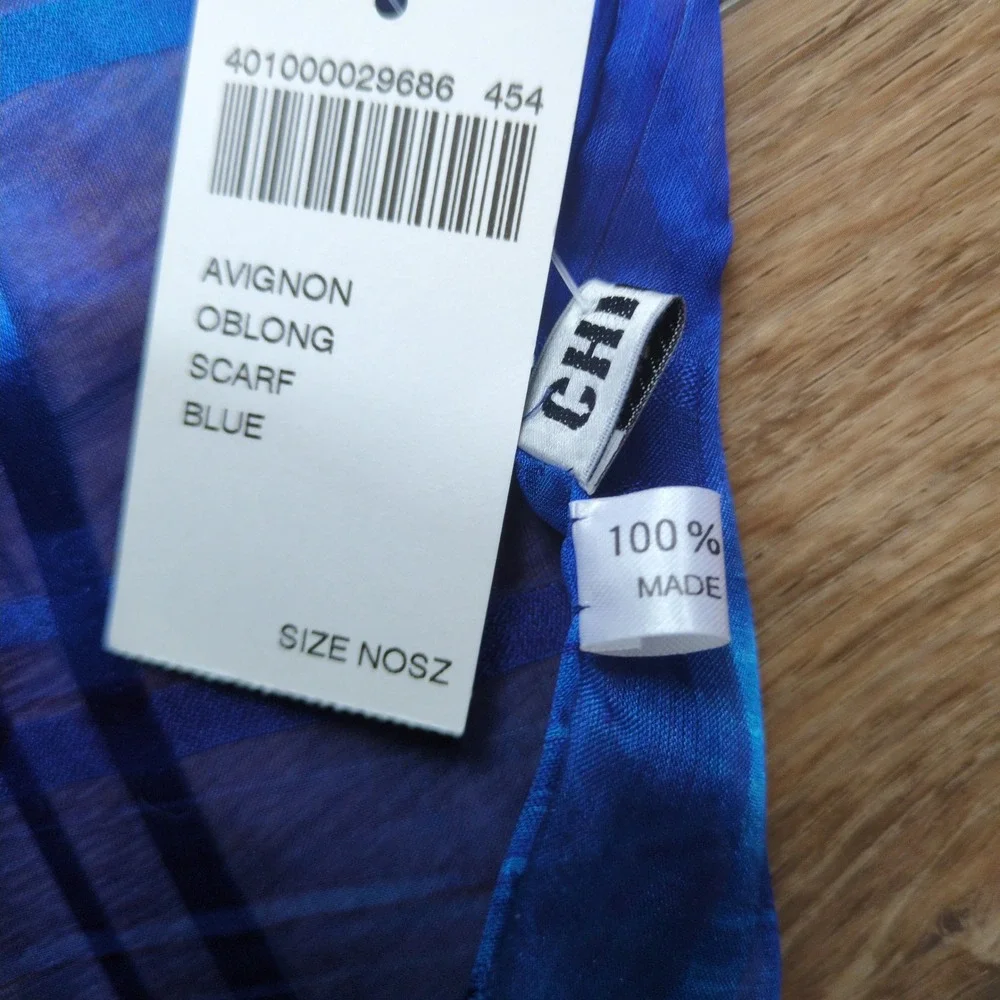 NWT Chico's Sheer Blue Geometric 100% Silk Scarf Teal Windowpane Oblong Stripe
